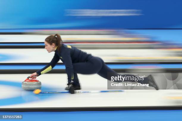 Anna Hasselborg of Team Sweden competes against Team Switzerland during the Women's Bronze Medal Game on Day 14 of the Beijing 2022 Winter Olympic...