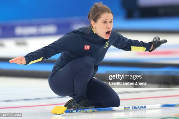 Anna Hasselborg of Team Sweden reacts whilst competing against Team Switzerland during the Women's Bronze Medal Game on Day 14 of the Beijing 2022...