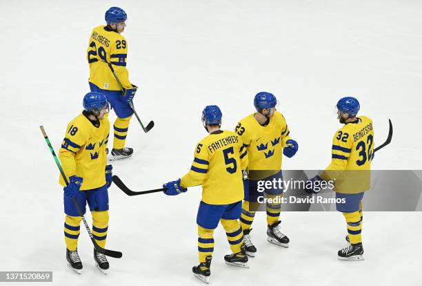 Team Sweden skates on the ice in the second period during the Men's Ice Hockey Bronze Medal match between Team Sweden and Team Slovakia on Day 15 of...