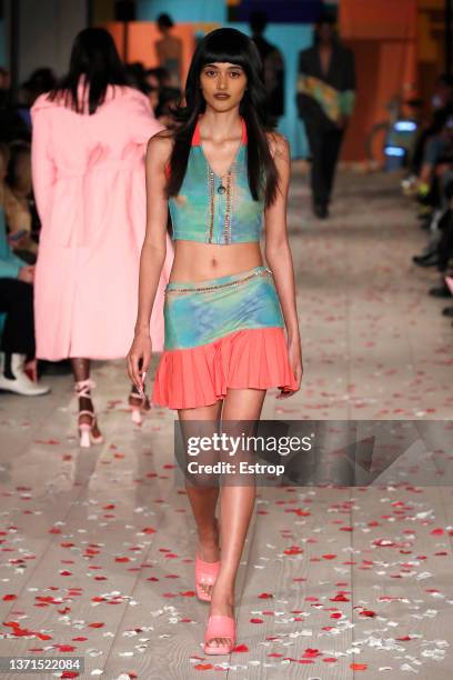 Model walks the runway at the Ahluwalia show during London Fashion Week February 2022 on February 19, 2022 in London, United Kingdom.