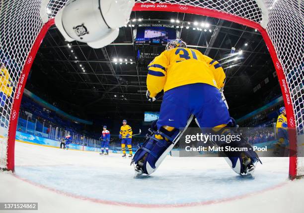 Lars Johansson of Team Sweden defends the goal in the second period during the Men's Ice Hockey Bronze Medal match between Team Sweden and Team...