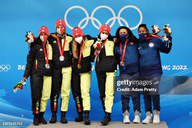 Gold medal winners Laura Nolte and Deborah Levi of Team Germany Silver medal winners Mariama Jamanka and Alexandra Burghardt of Team Germany and...