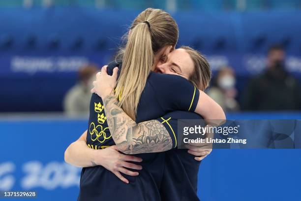 Sara McManus and Sofia Mabergs of Team Sweden celebrate victory against Team Switzerland during the Women's Bronze Medal Game on Day 14 of the...