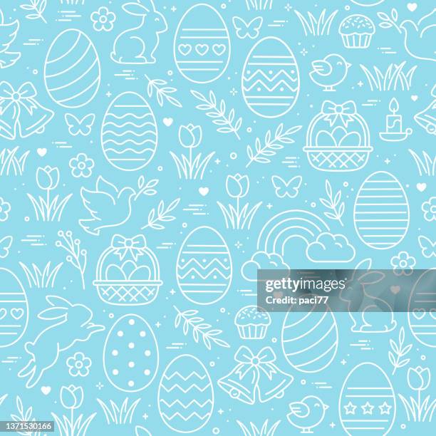 seamless pattern icons with easterl eggs, flowers, bunnies and butterfly. - easter egg stock illustrations