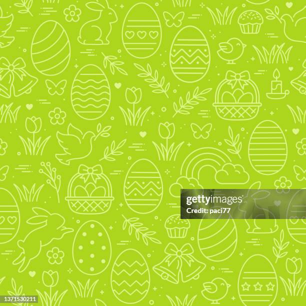 stockillustraties, clipart, cartoons en iconen met seamless pattern icons with easterl eggs, flowers, bunnies and butterfly. - easter pattern