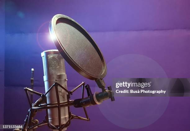 studio microphone with shock mount and pop filter - voice acting stock pictures, royalty-free photos & images