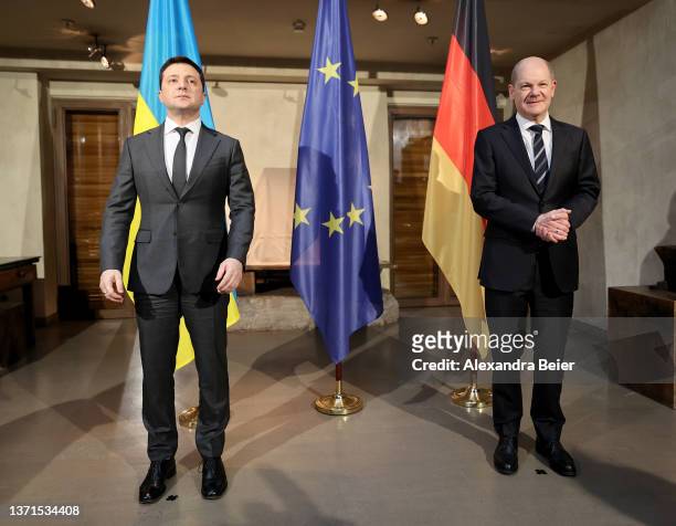 German Chancellor Olaf Scholz and Ukrainian President Volodymyr Zelensky attend a photo opportunity ahead of bilateral talks at the 2022 Munich...