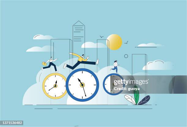 stockillustraties, clipart, cartoons en iconen met white-collar workers run on the clock. - sonic corp restaurant ahead of earnings figures