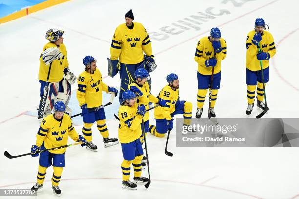 Team Sweden reacts after a loss after the Men's Ice Hockey Bronze Medal match between Team Sweden and Team Slovakia on Day 15 of the Beijing 2022...