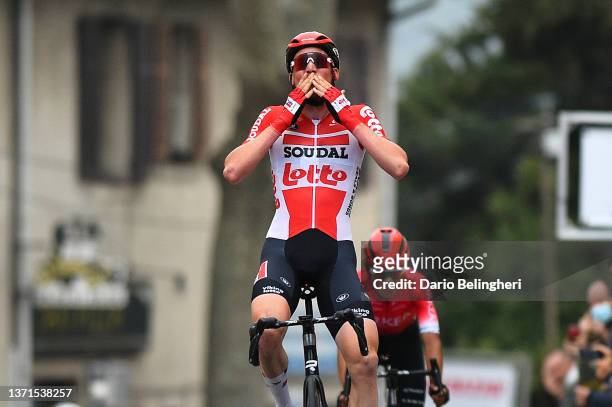 Tim Wellens of Belgium and Team Lotto Soudal celebrates at finish line as stage winner during the 54th Tour Des Alpes Maritimes Et Du Var - Stage 2 a...
