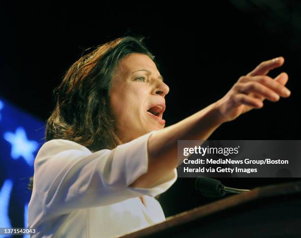 Gubernatorial Juliette Kayyem raises her hand while speaking on Saturday, June 14, 2014 prior to speaking at the democratic convention. Staff photo...