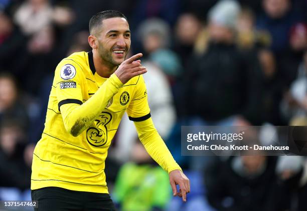 Hakim Ziyech of Chelsea FC celebrates scoring a goal which is later disallowed during the Premier League match between Crystal Palace and Chelsea at...