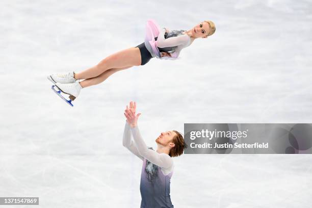 Evgenia Tarasova and Vladimir Morozov of Team ROC skate during the Pair Skating Free Skating on day fifteen of the Beijing 2022 Winter Olympic Games...