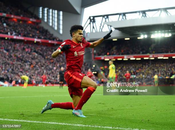 Luis Diaz of Liverpool celebrates after scoring the third goal during the Premier League match between Liverpool and Norwich City at Anfield on...