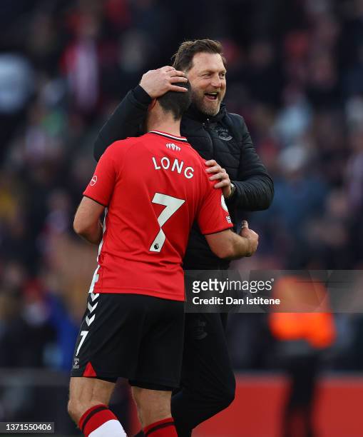 Ralph Hasenhuettl, Manager of Southampton celebrates with Shane Long following the Premier League match between Southampton and Everton at St Mary's...