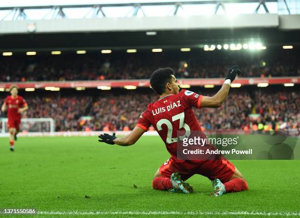 Luis Diaz of Liverpool celebrates after scoring the third goal during the Premier League match between Liverpool and Norwich City at Anfield on...