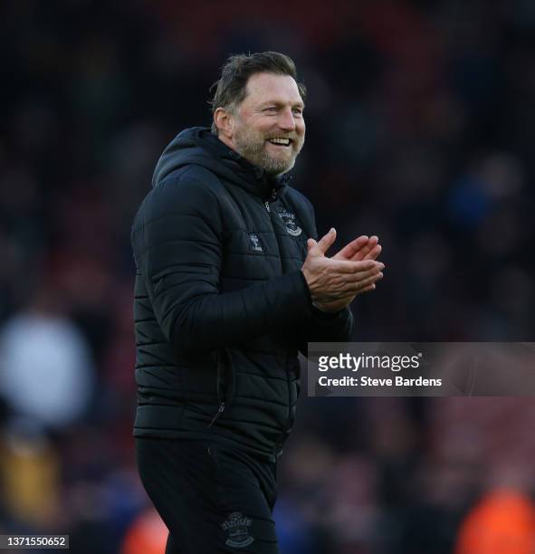 Ralph Hasenhuettl, Manager of Southampton celebrates following the Premier League match between Southampton and Everton at St Mary's Stadium on...