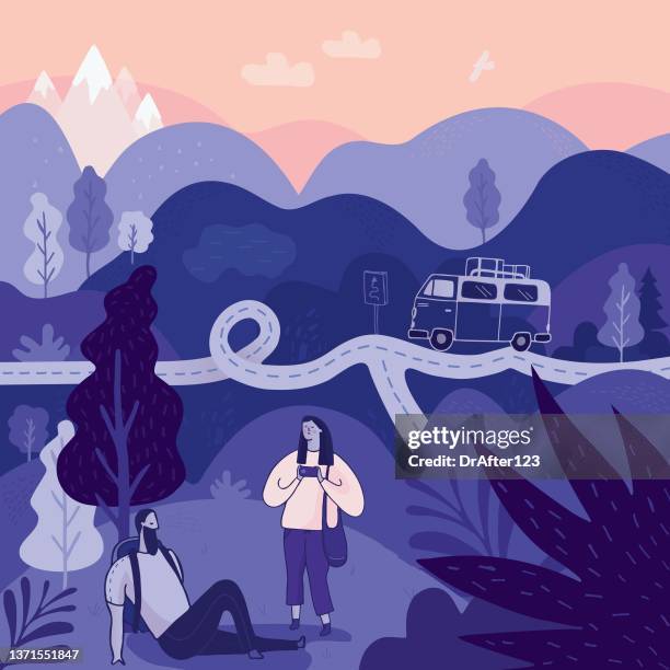ilustraciones, imágenes clip art, dibujos animados e iconos de stock de pareja viaja - summer camping cartoon