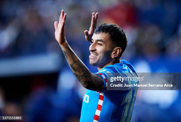 Angel Correa of Club Atletico de Madrid celebrates after scoring his team's third goal during the LaLiga Santander match between CA Osasuna and Club...