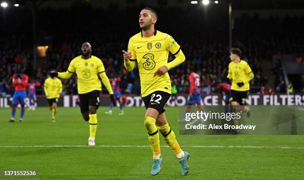 Hakim Ziyech of Chelsea celebrates after scoring their team's first goal during the Premier League match between Crystal Palace and Chelsea at...