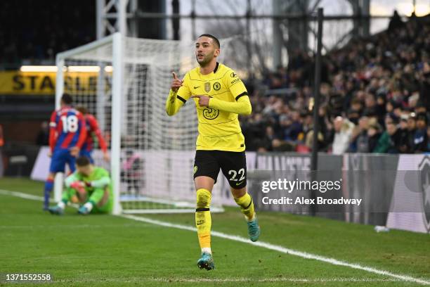 Hakim Ziyech of Chelsea celebrates after scoring their team's first goal during the Premier League match between Crystal Palace and Chelsea at...