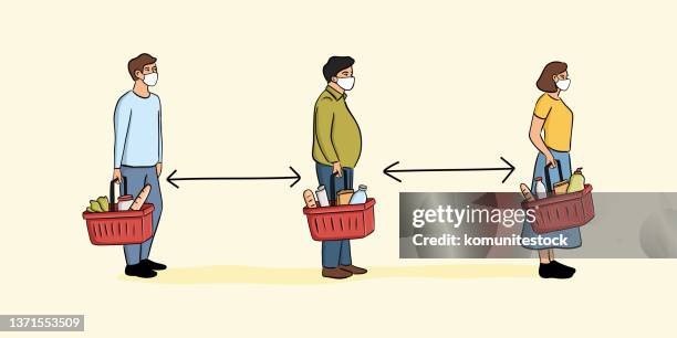 supermarkets crowded queue and do social distancing vector illustration - retail mask stock illustrations
