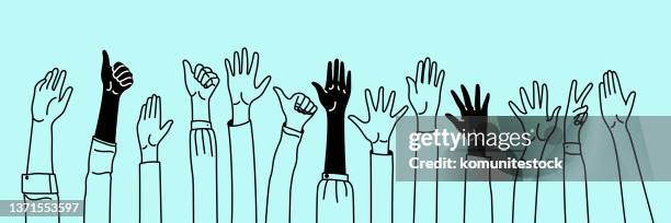 hands raised up concept vector illustration - voting line stock illustrations