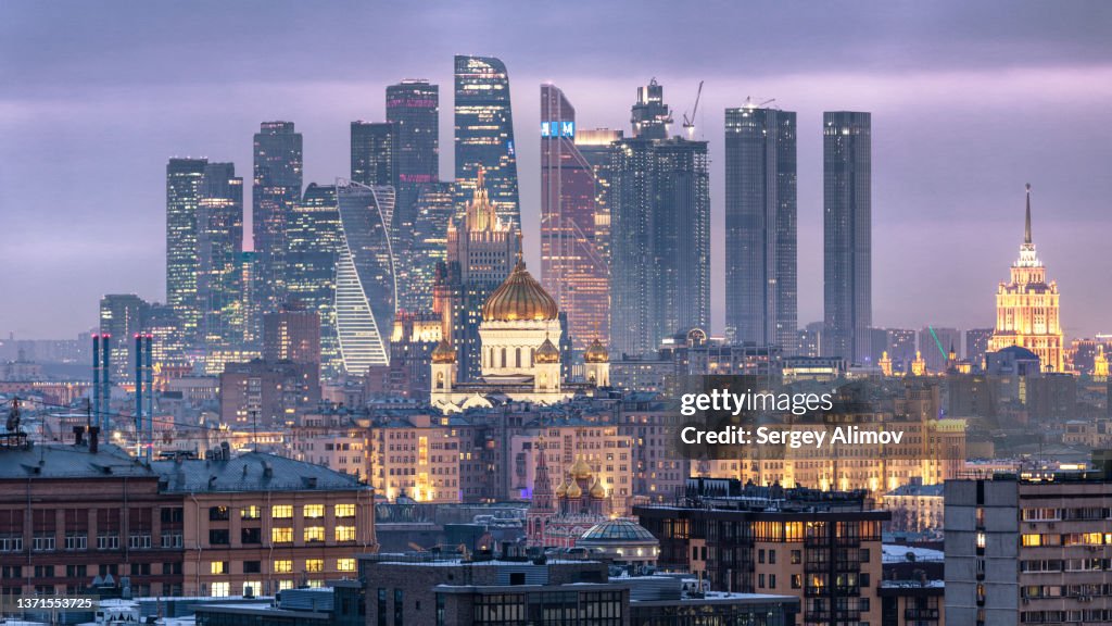 Urban Skyline Of Moscow At Evening Dawn