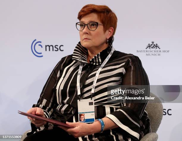 Australian foreign minister Marise Payne is pictured during a panel discussion at the 2022 Munich Security Conference on February 19, 2022 in Munich,...