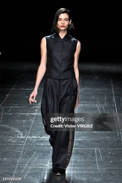 Model walks the runway during the NEWGEN Eftychia Ready to Wear Fall/Winter 2022-2023 fashion show as part of the London Fashion Week on February 19,...