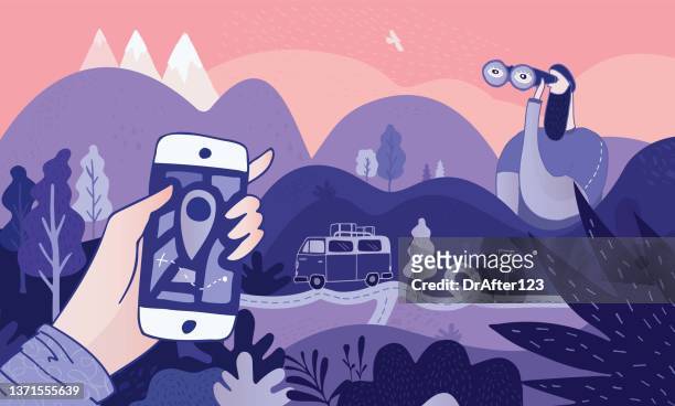 reisen mit truck camper - nature doodle stock-grafiken, -clipart, -cartoons und -symbole