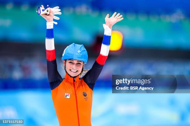 Irene Schouten of the Netherlands celebrating first place during the Women's Mass Start Final on day 15 of the Beijing 2022 Olympic Games at the...