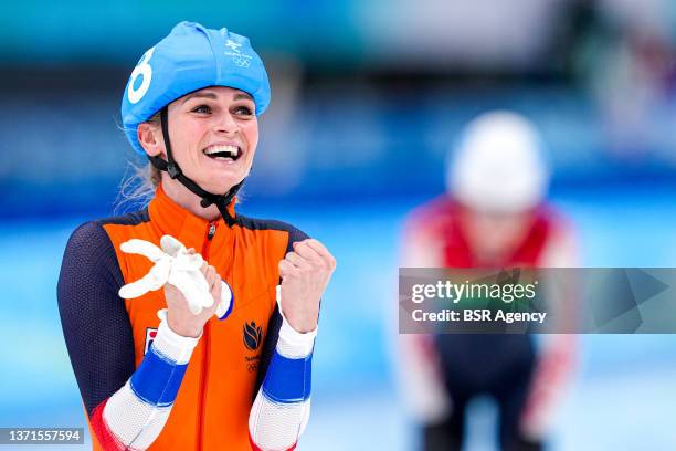 Irene Schouten of the Netherlands celebrating first place during the Women's Mass Start Final on day 15 of the Beijing 2022 Olympic Games at the...