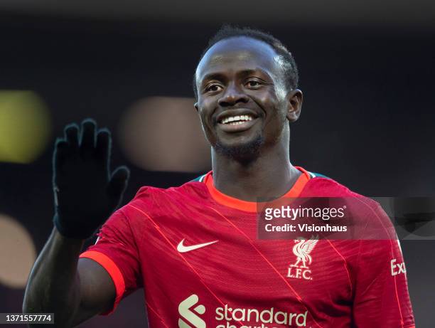 Sadio Mane of Liverpool celebrates his team's second goal during the Premier League match between Liverpool and Norwich City at Anfield on February...