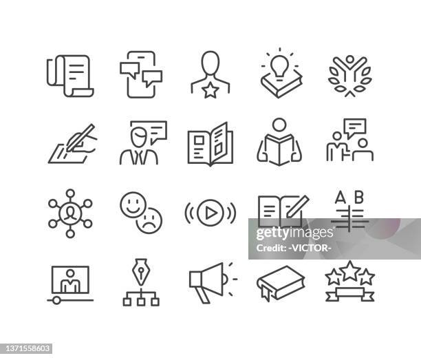 stockillustraties, clipart, cartoons en iconen met storytelling icons - classic line series - tevreden