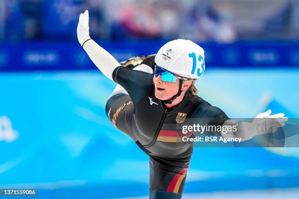 Claudia Pechstein of Germany during the Women's Mass Start Final on day 15 of the Beijing 2022 Olympic Games at the National Speedskating Oval on...