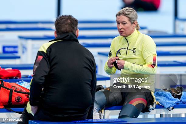 Claudia Pechstein of Germany during the Women's Mass Start Semifinals on day 15 of the Beijing 2022 Olympic Games at the National Speedskating Oval...