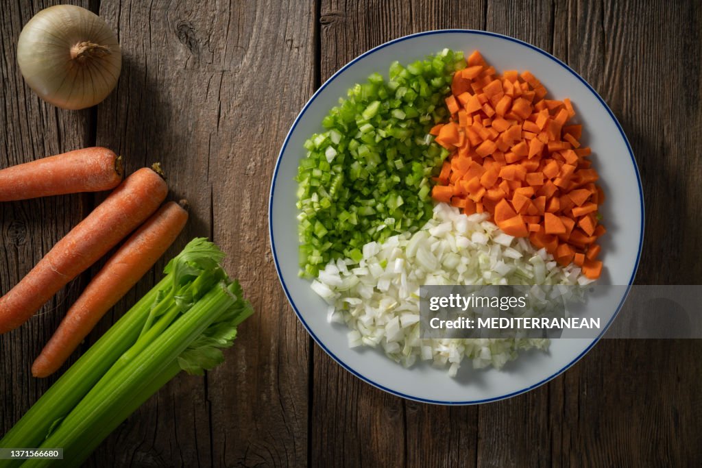 Raw ingredients for vegan stir-fry vegetables as chopped Onion and Carrots and minced Celery
