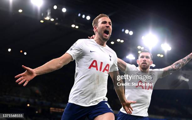 Harry Kane of Tottenham Hotspur celebrates after scoring their side's second goal with Pierre-Emile Hojbjerg during the Premier League match between...
