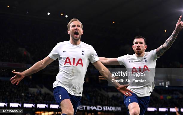 Harry Kane of Tottenham Hotspur celebrates after scoring their side's second goal with Pierre-Emile Hojbjerg during the Premier League match between...