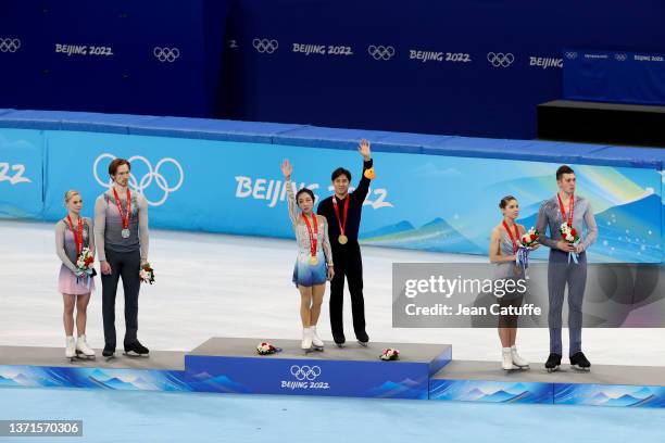 Gold medallists Wenjing Sui and Cong Han of Team China , Silver Medallists Evgenia Tarasova and Vladimir Morozov of Team ROC and Bronze Medallists...