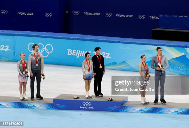 Gold medallists Wenjing Sui and Cong Han of Team China , Silver Medallists Evgenia Tarasova and Vladimir Morozov of Team ROC and Bronze Medallists...