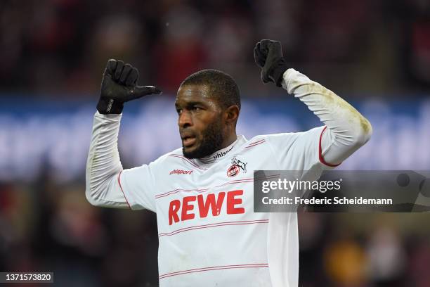 Anthony Modeste of 1.FC Koeln celebrates after scoring their side's first goal during the Bundesliga match between 1. FC Köln and Eintracht Frankfurt...