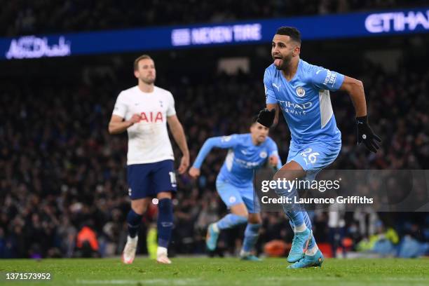 Riyad Mahrez of Manchester City celebrates after scoring their side's second goal during the Premier League match between Manchester City and...