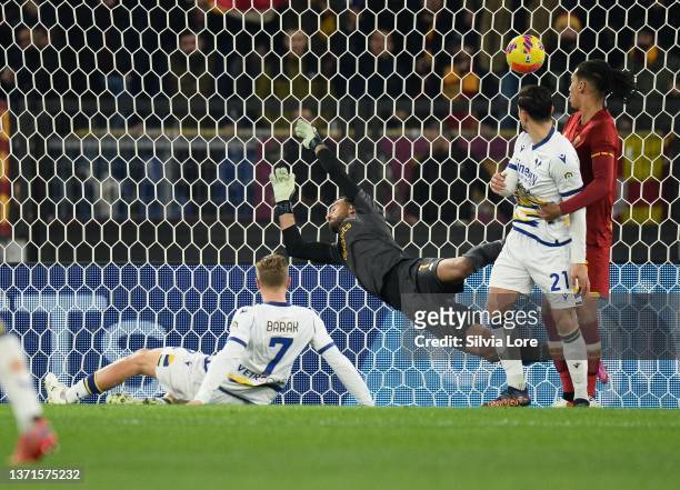 Antonin Barak of Hellas Verona FC scoring goal 0-1 during the Serie A match between AS Roma and Hellas Verona FC at Stadio Olimpico on February 19,...