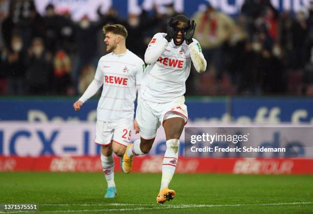 Anthony Modeste of 1.FC Koeln celebrates after scoring their side's first goal during the Bundesliga match between 1. FC Köln and Eintracht Frankfurt...