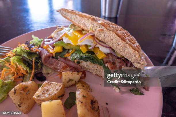 breakfast waffle egg and salad sandwich - campeche stock pictures, royalty-free photos & images