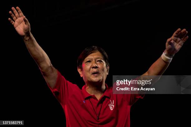 Ferdinand "Bongbong" Marcos Jr., the son of the late dictator Ferdinand Marcos, speaks during a rally as he campaigns for the presidency on February...