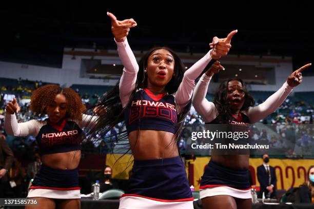 Howard Bison cheerleaders perform during the first half of the NBA x HBCU Classic Presented by AT&T as part of the 2022 All-Star Weekend at Wolstein...