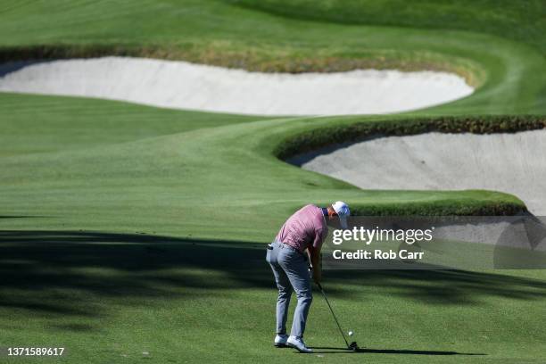 Justin Thomas of the United States plays a second shot on the second hole during the third round of The Genesis Invitational at Riviera Country Club...